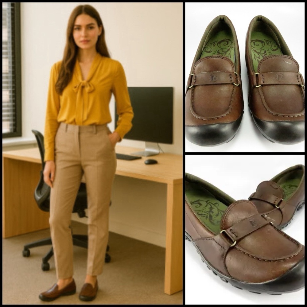 Merrell Plaza Glide Mocs Air Cushion EVA Midsole Brown Leather Comfort Loafers 8